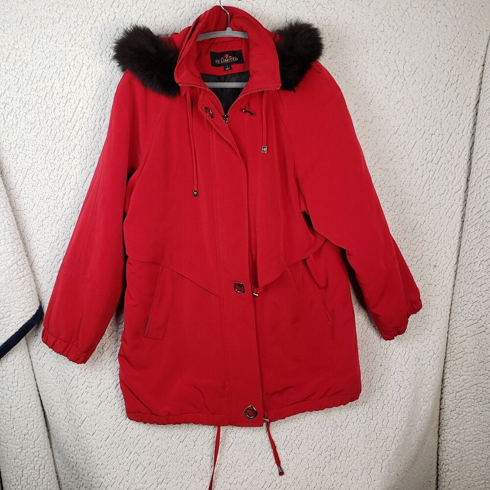 FS Limited Red Parka Jacket Womens M Fox Fur Hood Y2K Snowcore Baddie 42x31